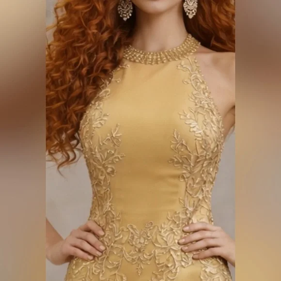 NWOT Gold Champagne Women’s Formal Military Kentucky Derby Wedding Gale Gown 10 - Picture 4 of 10